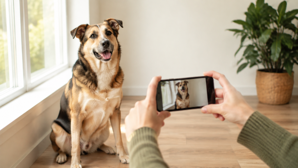 Dog sitting by a window while a phone takes a clear reference photo for a custom pet portrait