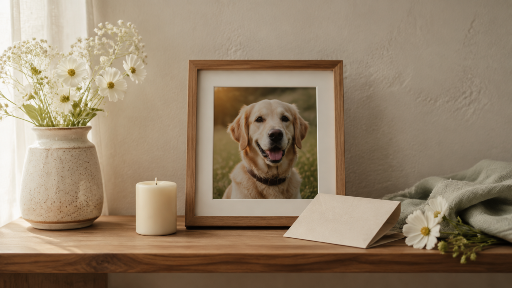 Framed pet portrait, paw-print keepsake box and candle arranged as thoughtful pet memorial gift ideas