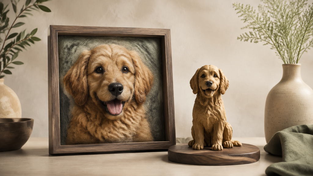 Side-by-side custom wool felt pet portrait and pet figurine displayed as two keepsake formats